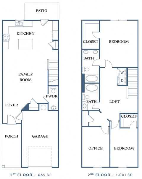 Floor plan for 2 beds, 2.5 baths, 1665 sqft